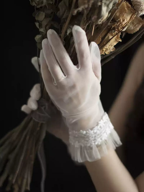 White Bridal Tulle Wedding Gloves – Floral Ruffle Cuff Gloves